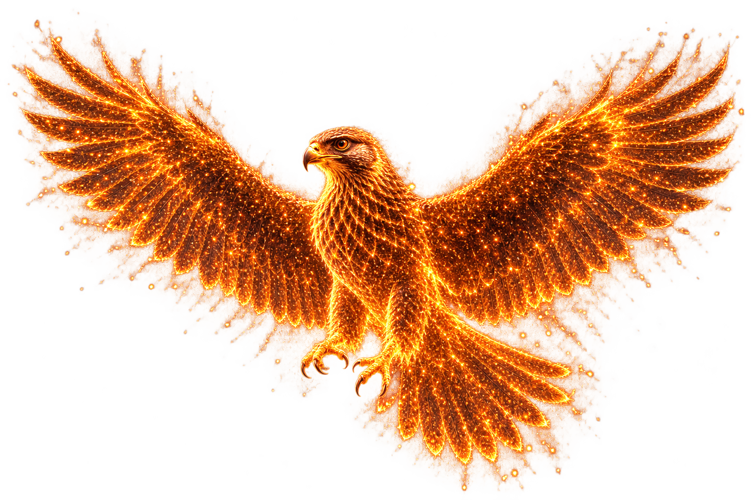 A Saker Falcon made entirely of golden ember flame, connecting the two screen worlds.