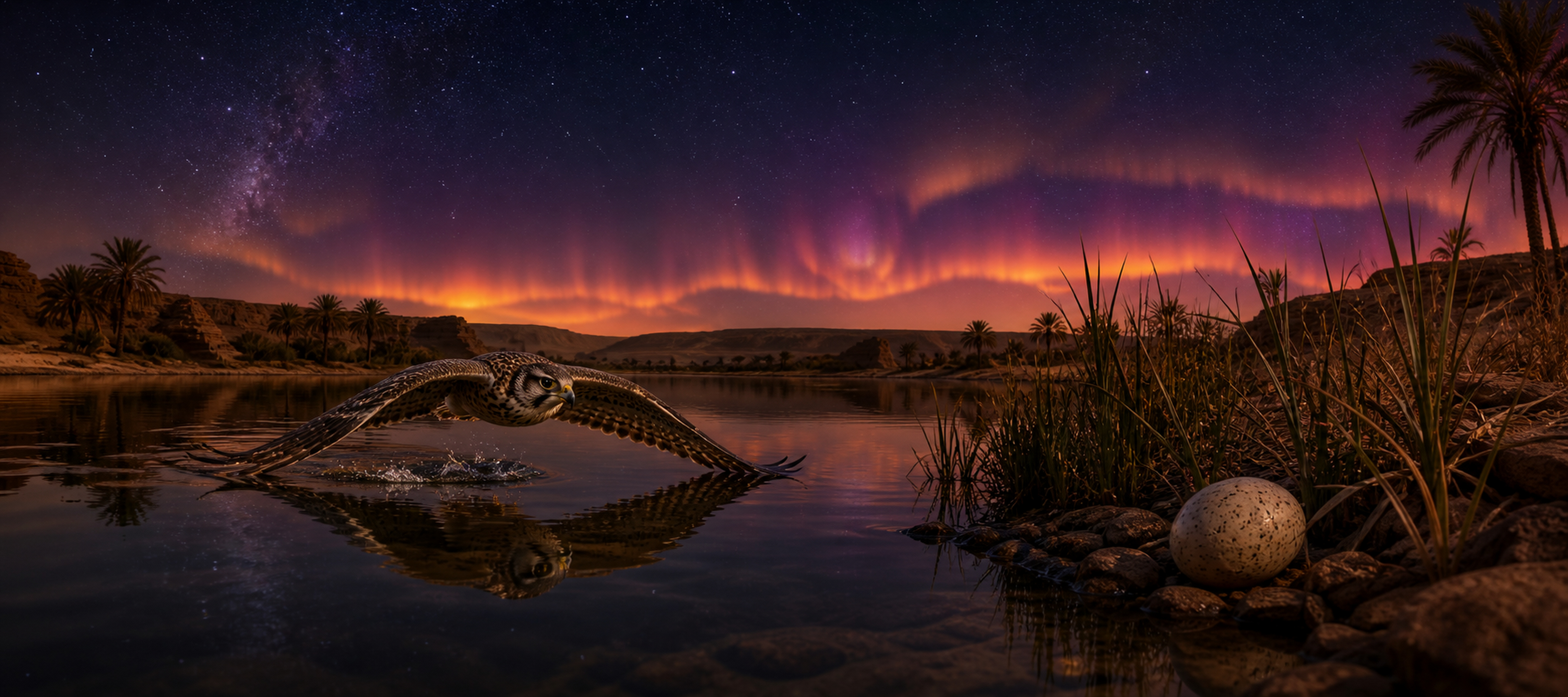 Beach Aurora proposed wide LED render: a desert oasis at night with a Saker Falcon and egg.