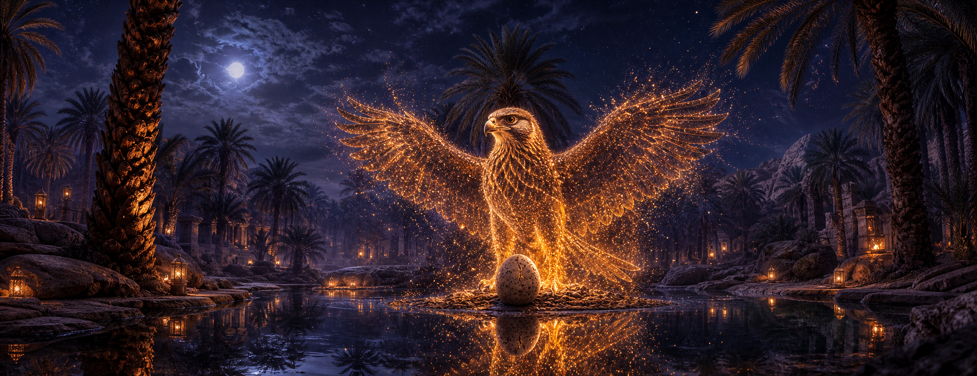 Forest proposed wide LED render: a nocturnal palm grove with warm ember light.