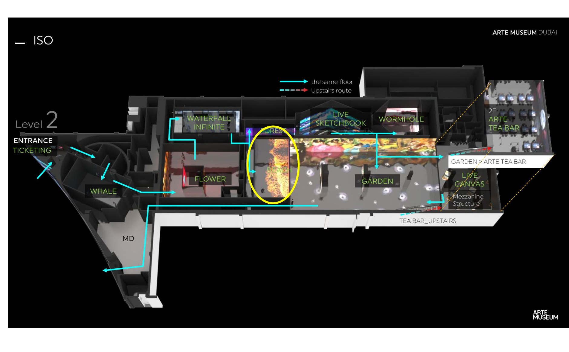 Venue isometric plan showing guest flow around Beach Aurora and Forest.